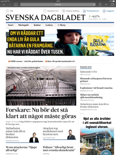 Svenska Dagbladets webbplats 2016-04-03