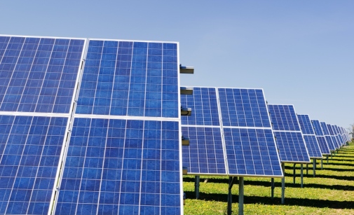 A green field of solar panels against a blue sky